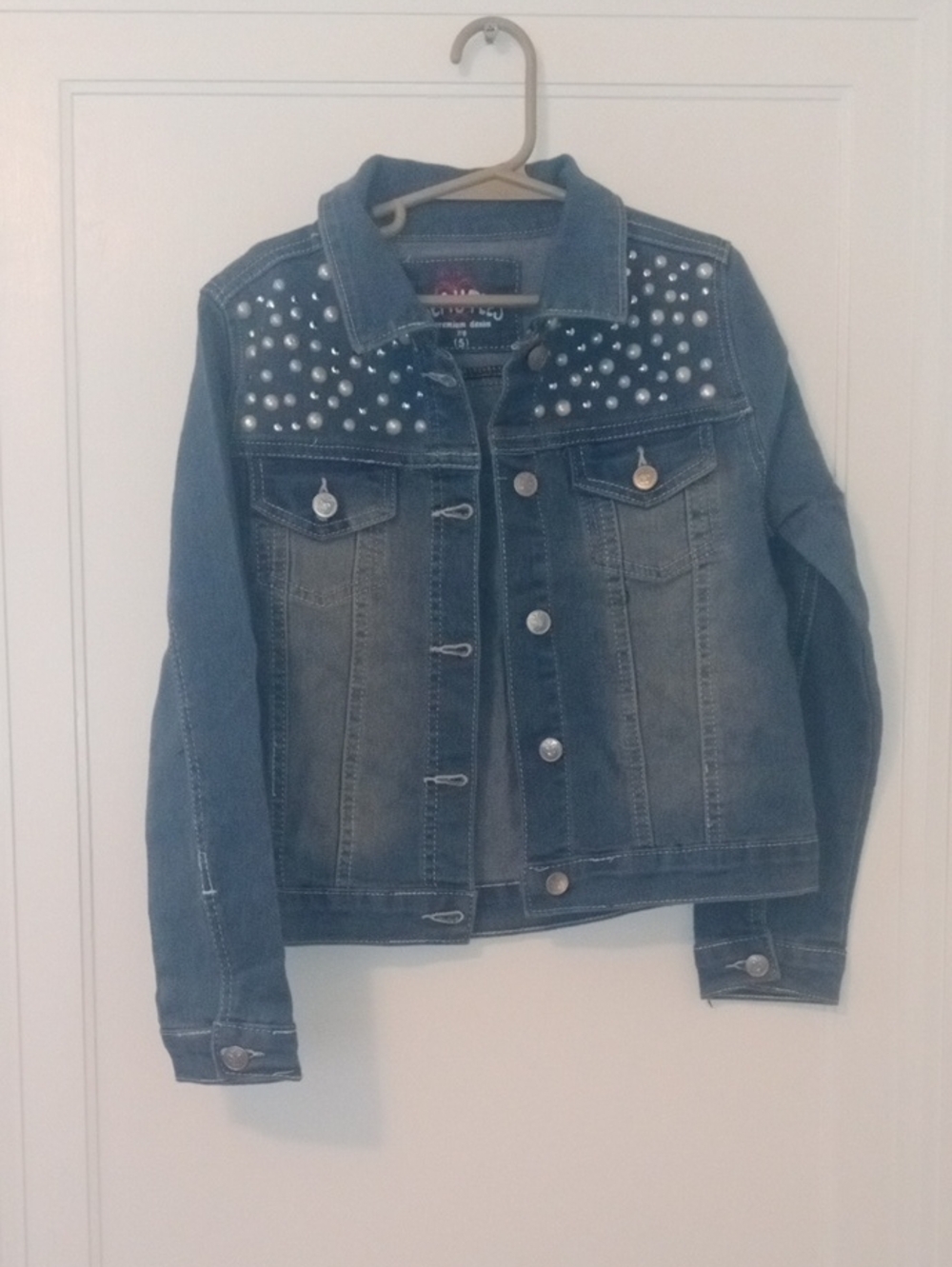 girl 7/8 denim jacket pearl accents at shoulders